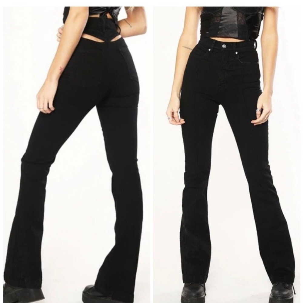 REVICE Denim Avalon Flare Jeans Size 27 High Rise Cut Out Raw Hem Black